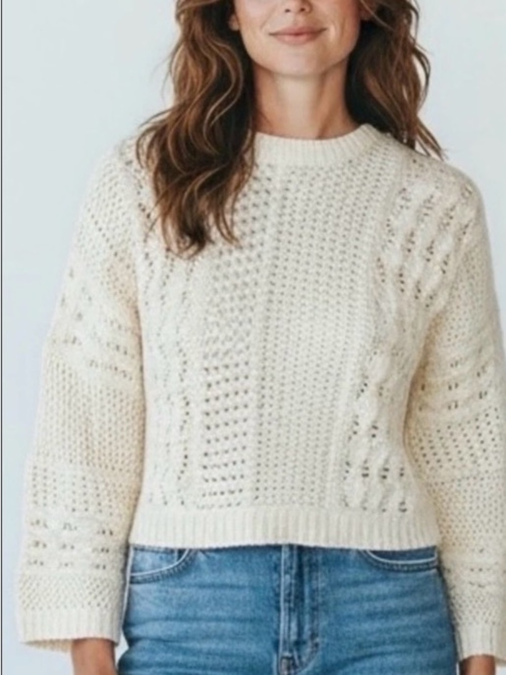 Madewell Cream Textured Cable Crewneck Sweater
